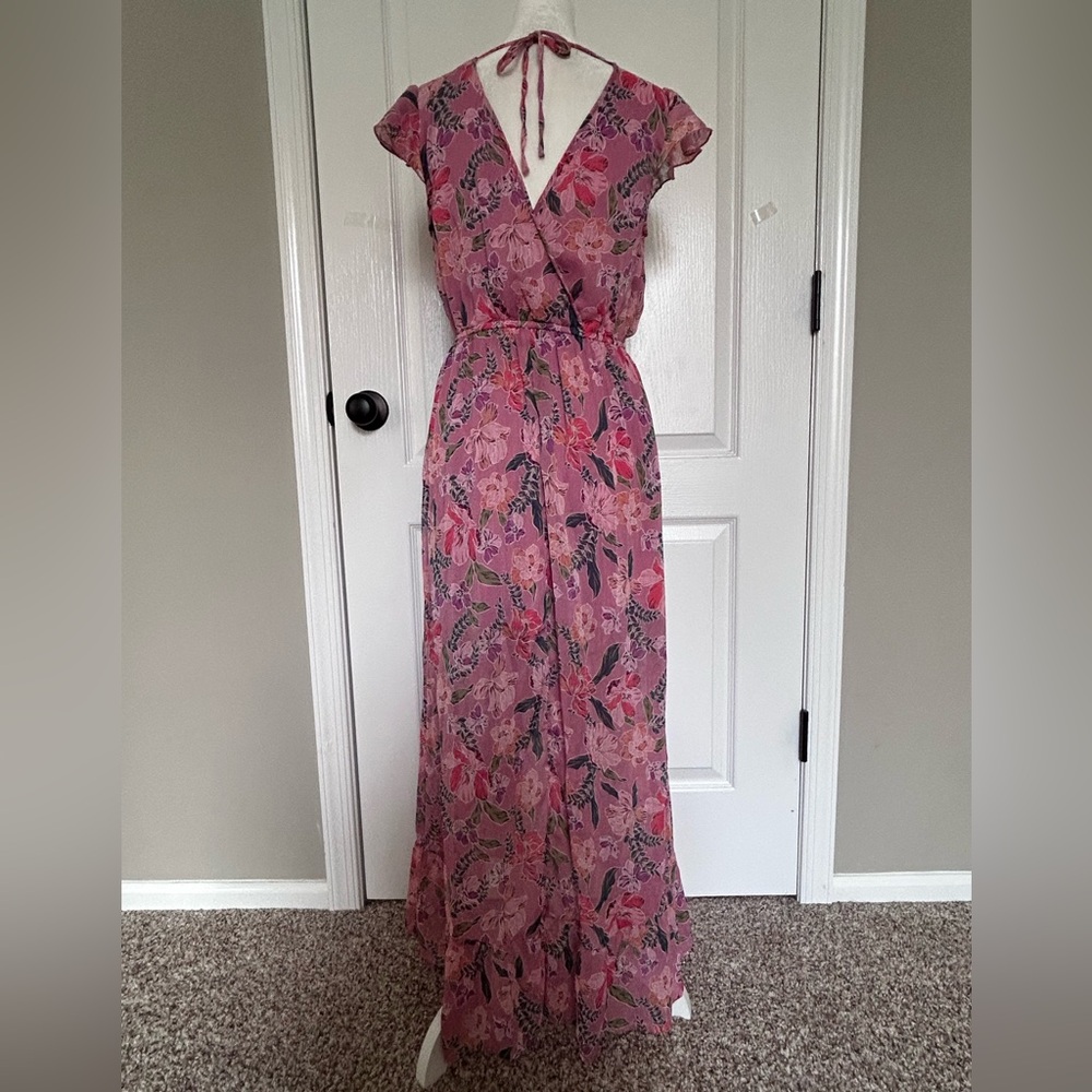 Floral Faux Wrap Maxi Dress Flutter Sleeve Boho Romantic Soft Pink Extra Small - Picture 6 of 16